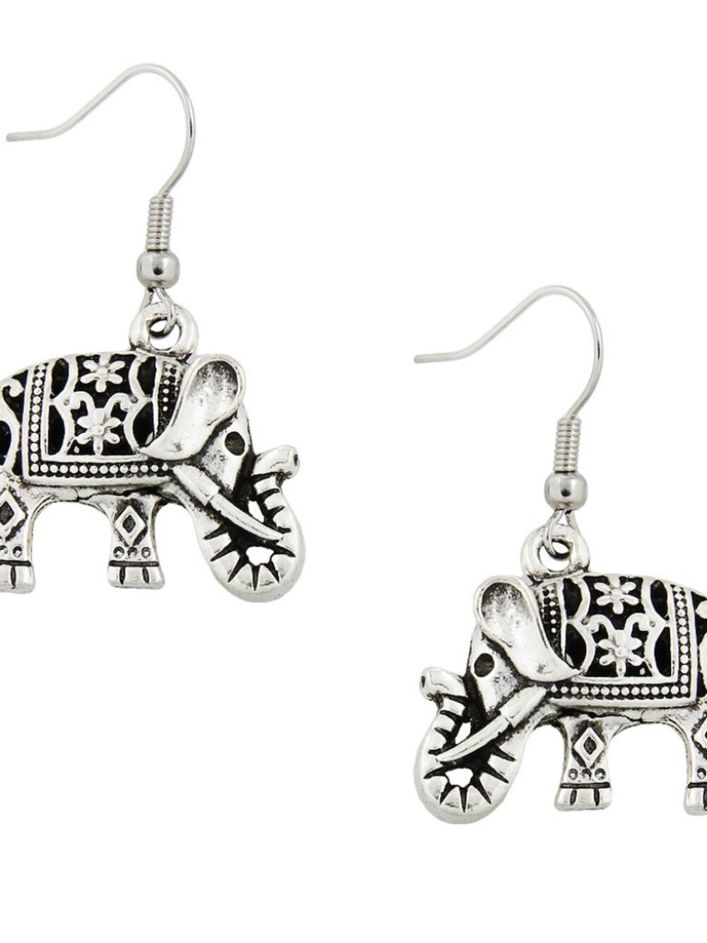 Elephant Earrings SILVER Textured Metal Hook Drop Dangle 0074
